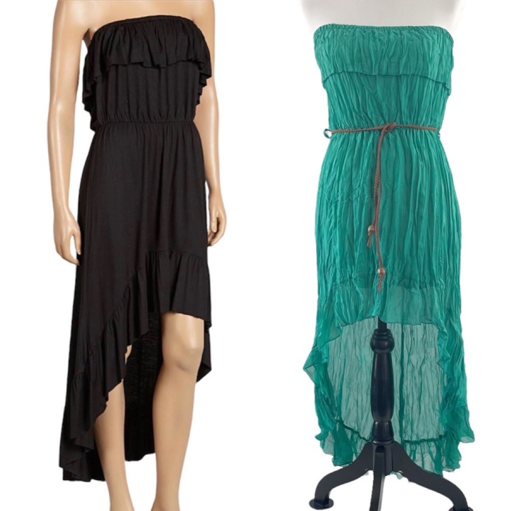 Anthropologie Poetry Green Crinkle Strapless High Low Dress Size Medium